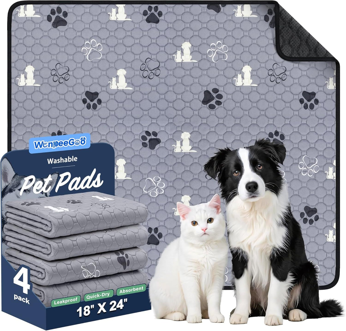 Washable Pee Pads for Dogs, Waterproof, 18 X 24 In, 4 Pack, Gray