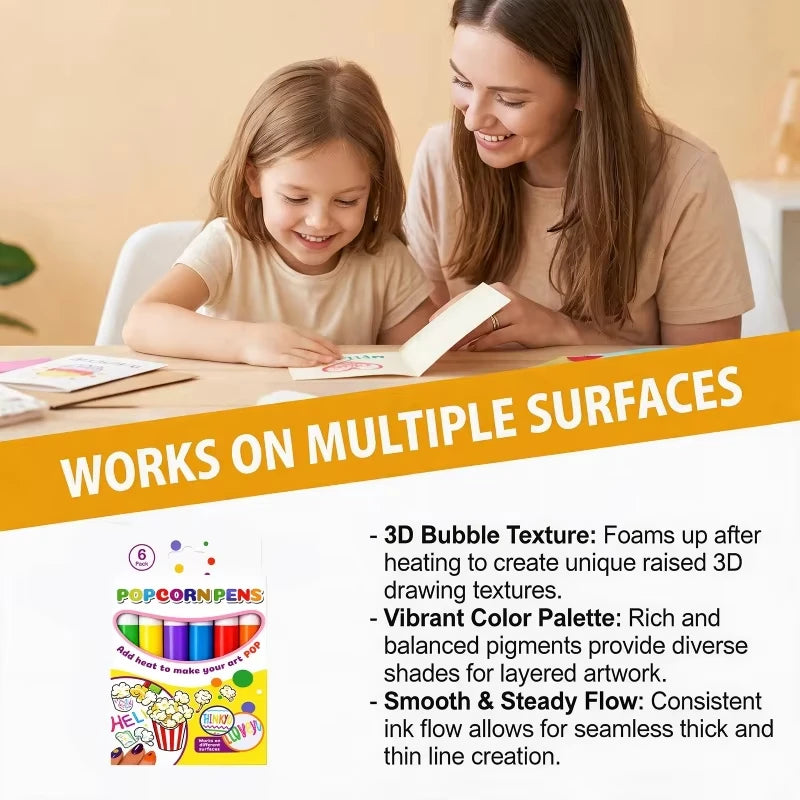 Magic Popcorn Pen, DIY Bubble Popcorn Drawing Pens, 3D Puffy Embellish Decorate Graffiti Stationery for Cards Kids Christmas